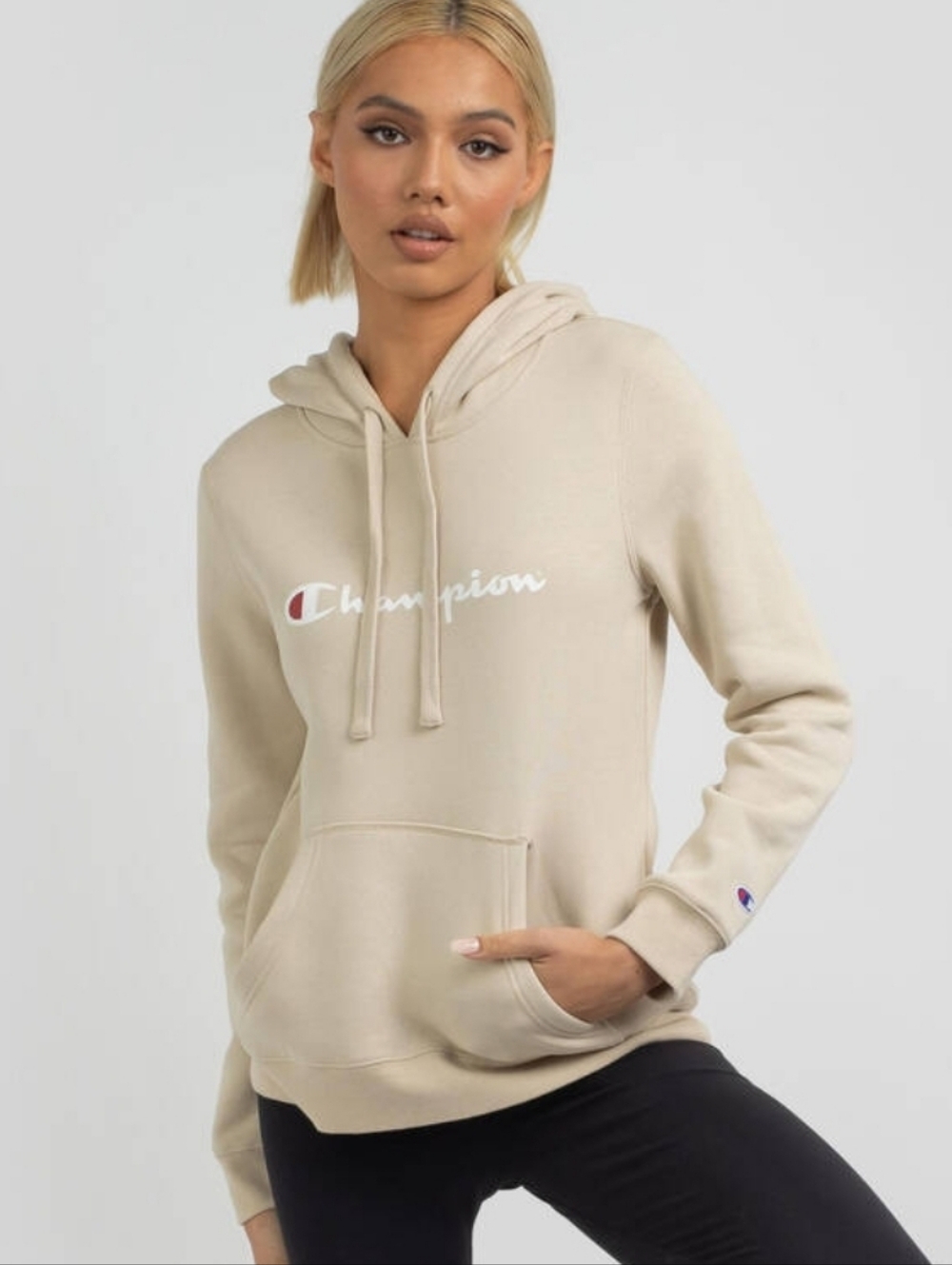 Champion Natural Beige Pullover Hoodie with White Logo